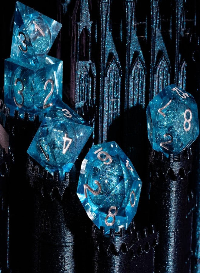 Fugacity DND Dice Set, Liquid Core Handmade Sharp Edge 7 Piece Resin Dice-Dungeons and Dragons Polyhedral Dice Set, D&D Dice Set with Gift Dice Case for RPG MTG Table Games(Blue Sand & Silver) - Image 5